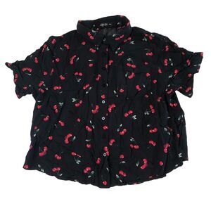 SHEIN Curve Cherry Print Button Up Shirt Black Red Retro Boxy Crop 0XL 07072026